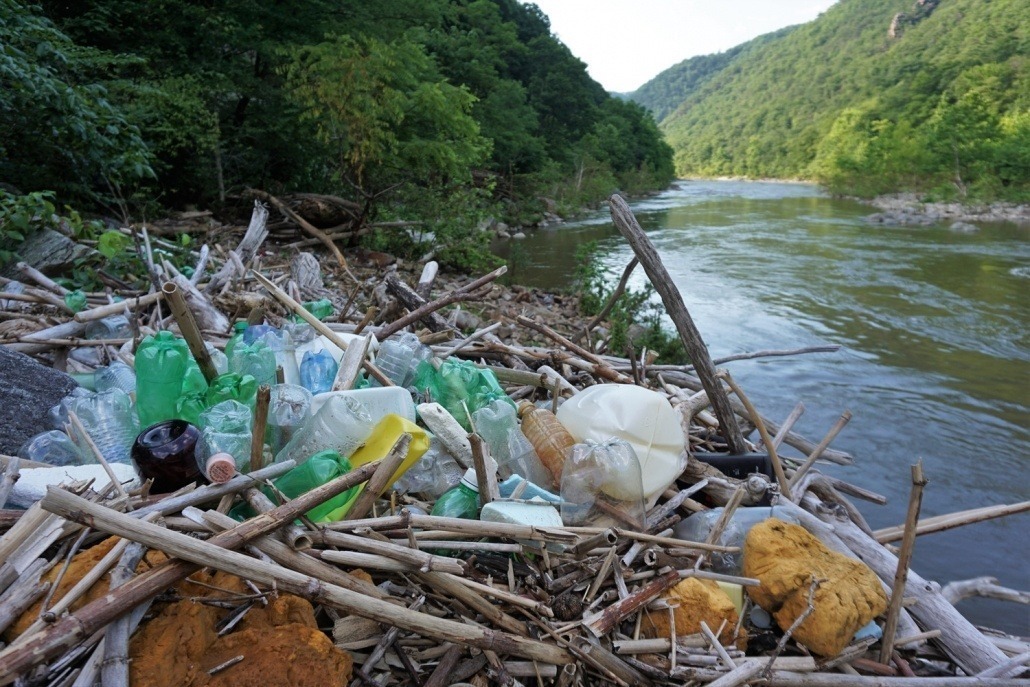Litter piling up on the edge of a river.