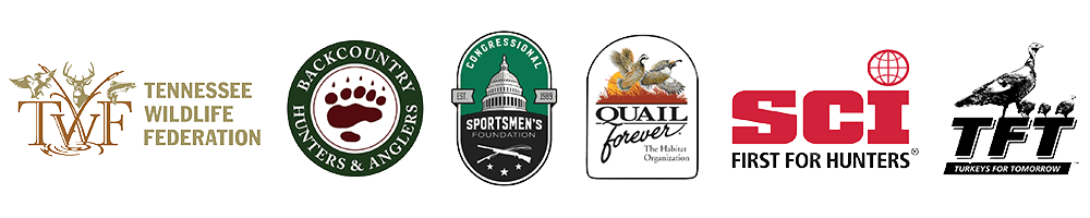 Logos of organizations partnering to stop the transfer of Yanahli WMA. From left to right: Tennessee Wildlife Federation, Backcountry Hunters and Anglers, Congressional Sportsmen's Foundation, Quail Forever, Safari Club International, and Turkeys for Tomorrow. 