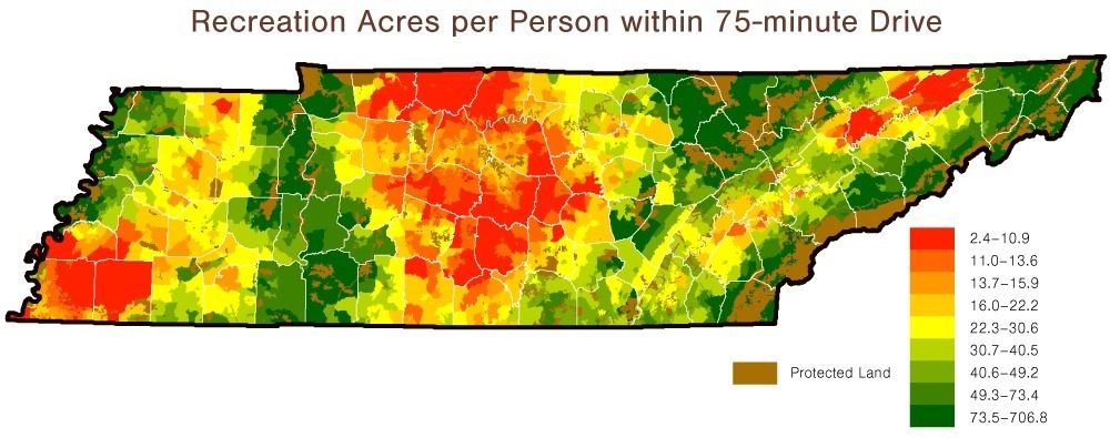 Heat map depicting the recreation acres per person within a 75-minute drive in Tennessee.