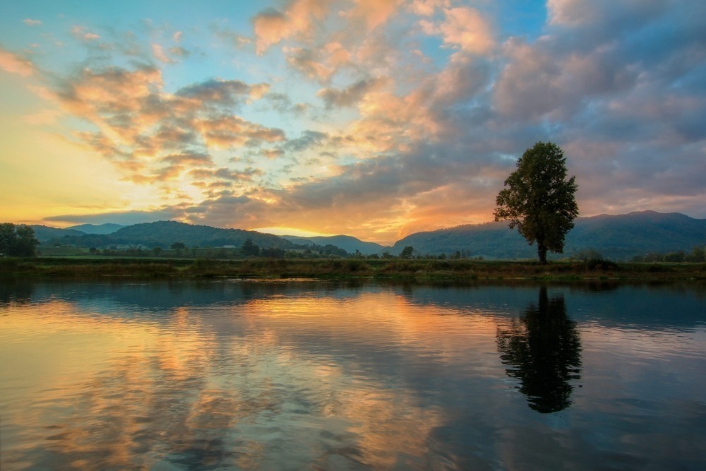 Cloudy sunrise reflecting on a lake. Photo by Ryan Rice. 