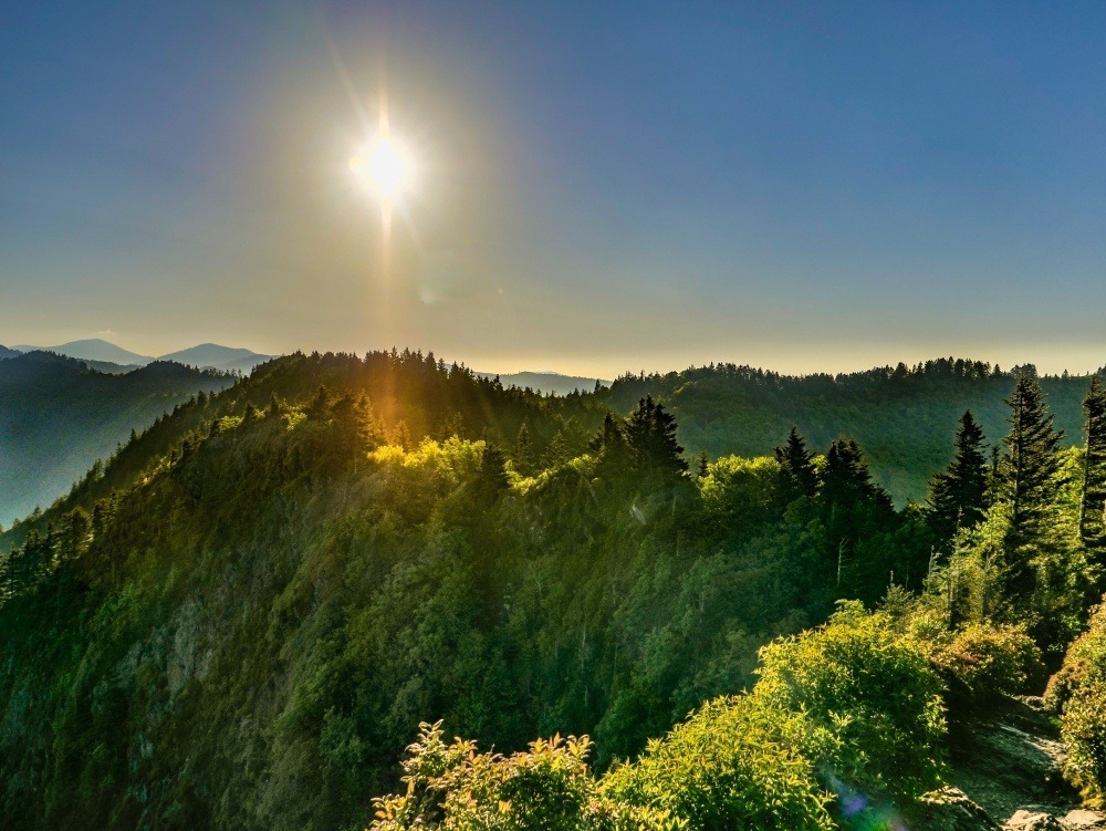 Sun shining in a clear sky over a green, forested mountain.
