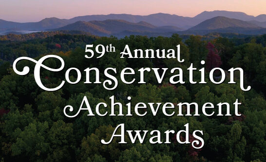 Photo of a mountain landscape at sunrise. Text overlay says, "59th Annual Conservation Achievement Awards"