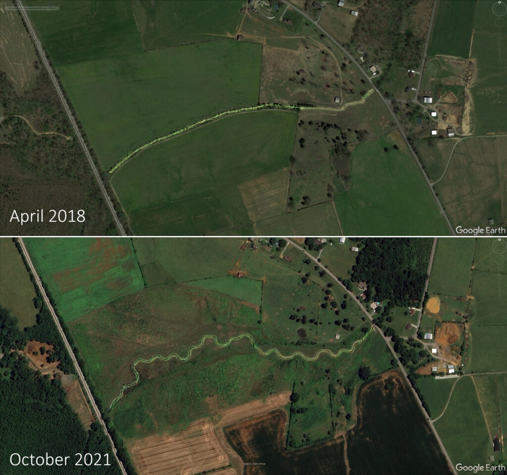 Before and after photos of the West Fork Drakes Creek restoration. In April 2018, the stream flowed relatively straight across the landscape. By October 2021, the site was healthy and green with a meandering stream.