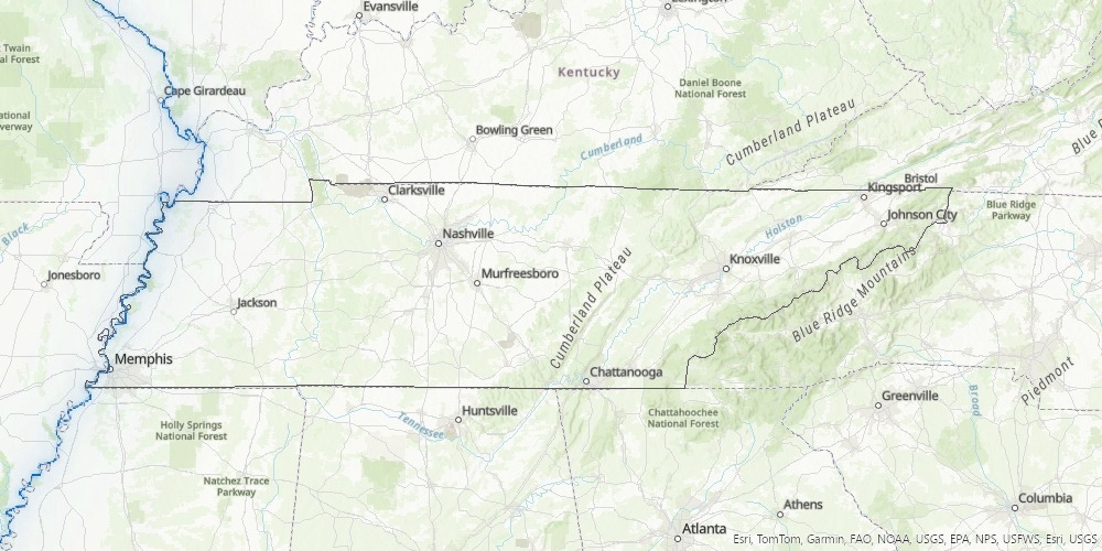 Map of Tennessee with the Mississippi River highlighted